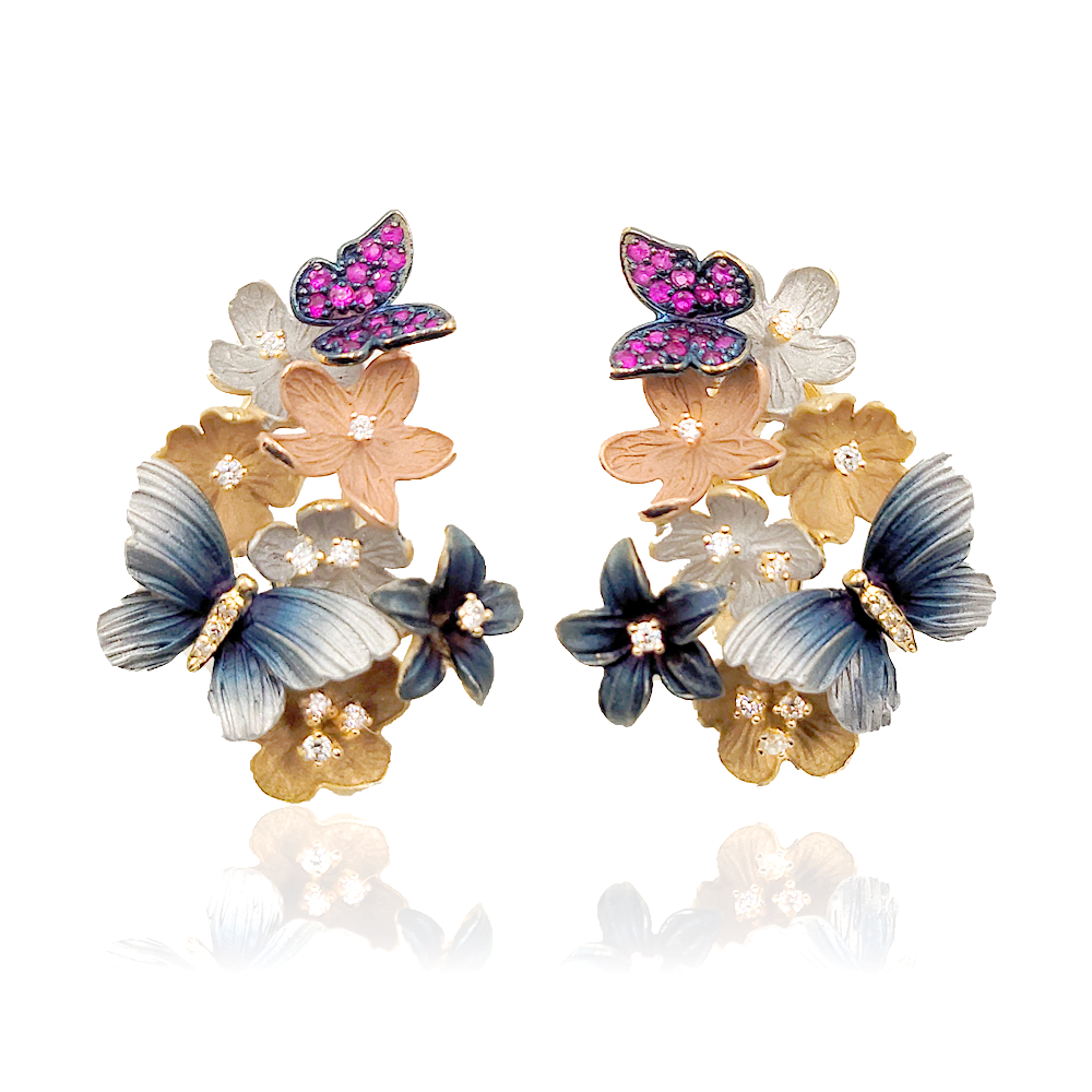 14K GOLD BLUE, ROSE, YELLOW, WHITE FLOWER FRENCH CLIP EARRING WITH DIAMOND AND RUBY